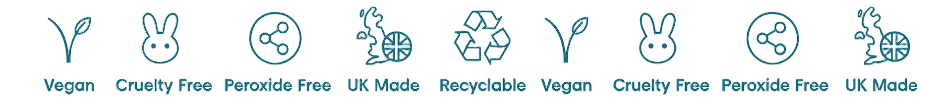 Set of icons with text labels for vegan, cruelty-free, peroxide-free, UK made, recyclable, and other certifications.
